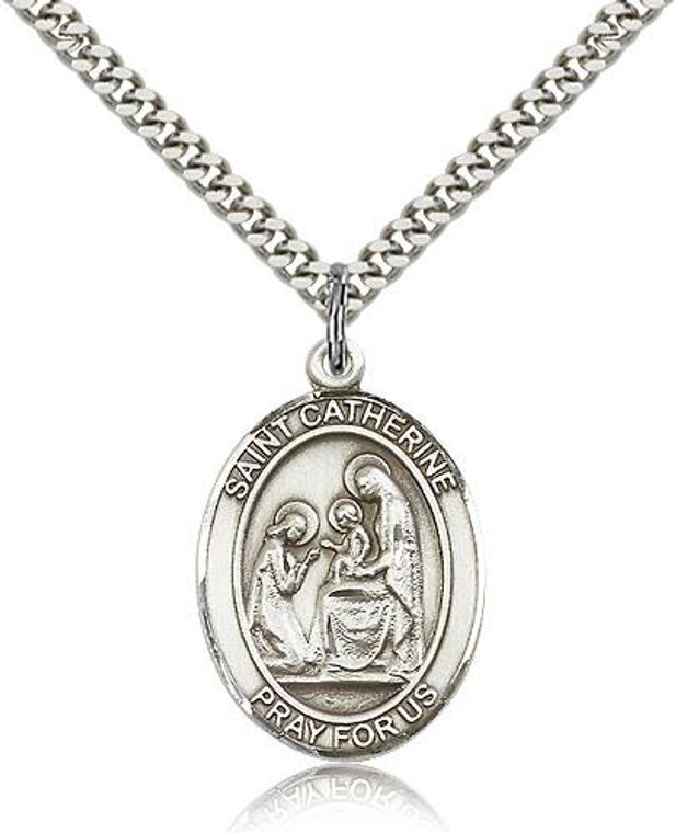 Sterling Silver St. Catherine of Siena Pendant, Stainless Silver Heavy Curb Chain, Large Size Catholic Medal, 1" x 3/4"