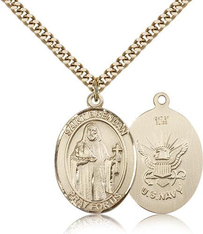 Gold Filled St. Brendan the Navigator/ Navy Pendant, Gold Heavy Curb Chain, Large Size Catholic Medal, 1" x 3/4"