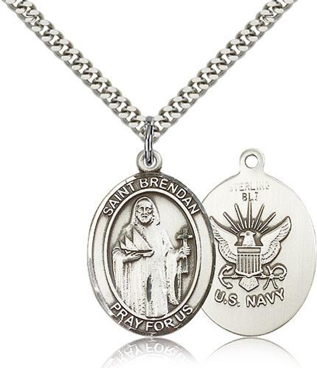 Sterling Silver St. Brendan the Navigator/ Navy Pendant, Heavy Curb Chain, Large Size Catholic Medal, 1" x 3/4"