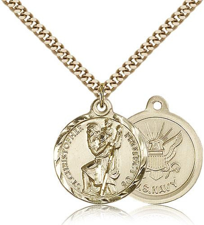Gold Filled St. Christopher Navy Pendant, Gold Heavy Curb Chain, 7/8" x 3/4"