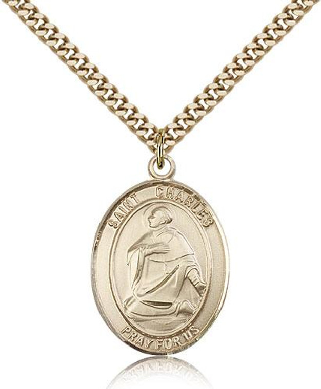 Gold Filled St. Charles Borromeo Pendant, Stainless Gold Heavy Curb Chain, Large Size Catholic Medal, 1" x 3/4"