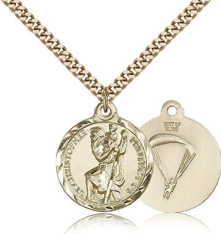 Gold Filled St. Christopher / Paratrooper Pendant, Gold Heavy Curb Chain, 7/8" x 3/4"