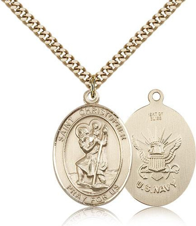 Gold Filled St. Christopher Navy Pendant, Gold Heavy Curb Chain, Large Size Catholic Medal, 1" x 3/4"