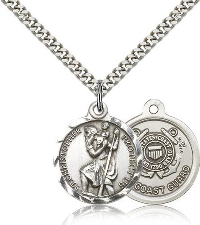 Sterling Silver St. Christopher Coast Guard Pendant, Silver Heavy Curb Chain, 7/8" x 3/4"