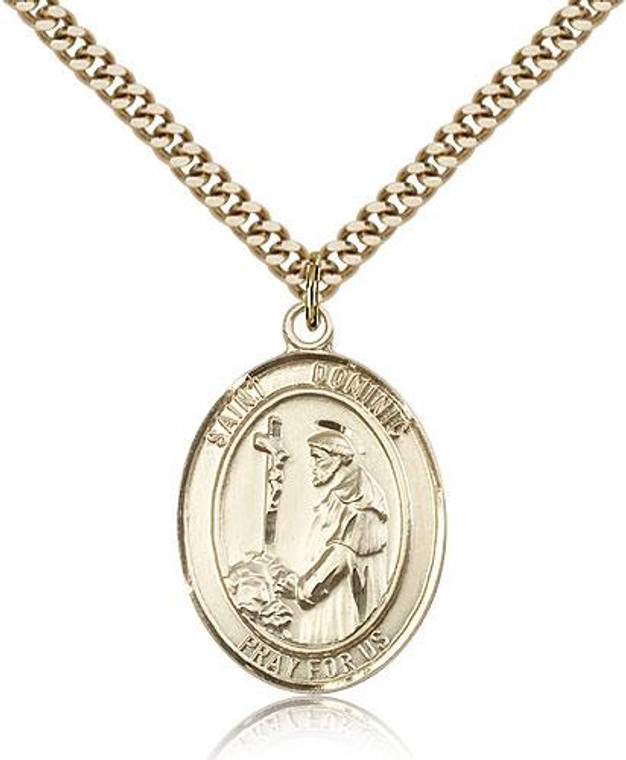 Gold Filled St. Dominic de Guzman Pendant, Stainless Gold Heavy Curb Chain, Large Size Catholic Medal, 1" x 3/4"