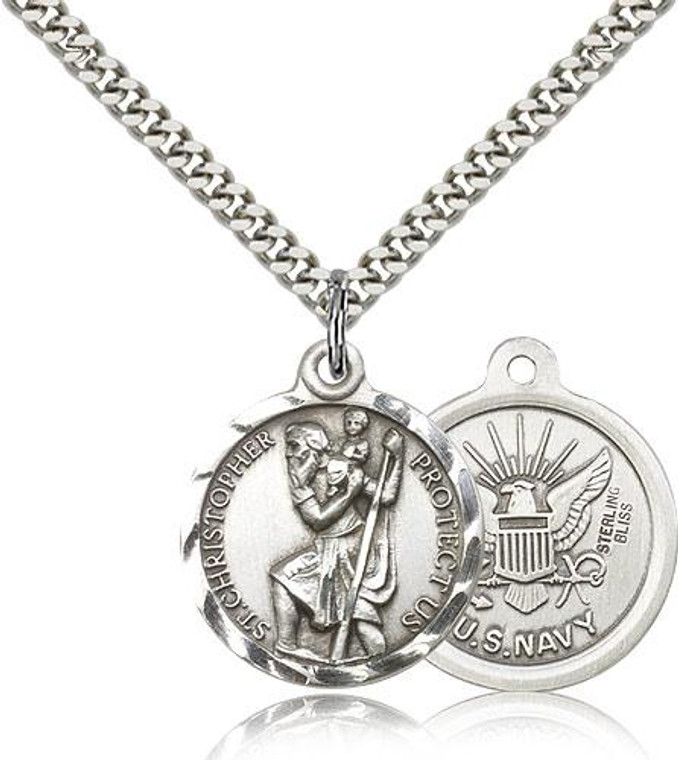 Sterling Silver St. Christopher Navy Pendant, Silver Heavy Curb Chain, 7/8" x 3/4"