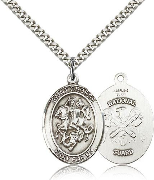 Sterling Silver St. George National Guard Pendant, Heavy Curb Chain, Large Size Catholic Medal, 1" x 3/4"