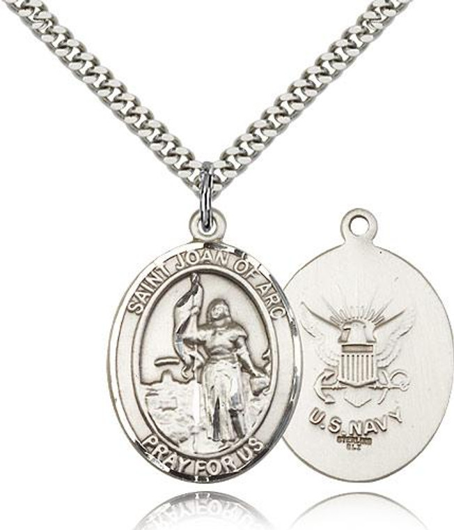 Sterling Silver St. Joan of Arc / Navy Pendant, Heavy Curb Chain, Large Size Catholic Medal, 1" x 3/4"
