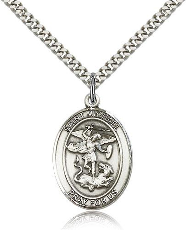 Sterling Silver St. Michael the Archangel Pendant, Rhodium plate Heavy Curb Chain, Large Size Catholic Medal, 1" x 3/4"