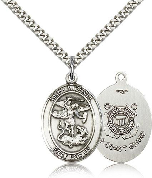 Sterling Silver St. Michael the Archangel Coast Guard Pendant, Heavy Curb Chain, Large Size Catholic Medal, 1" x 3/4"