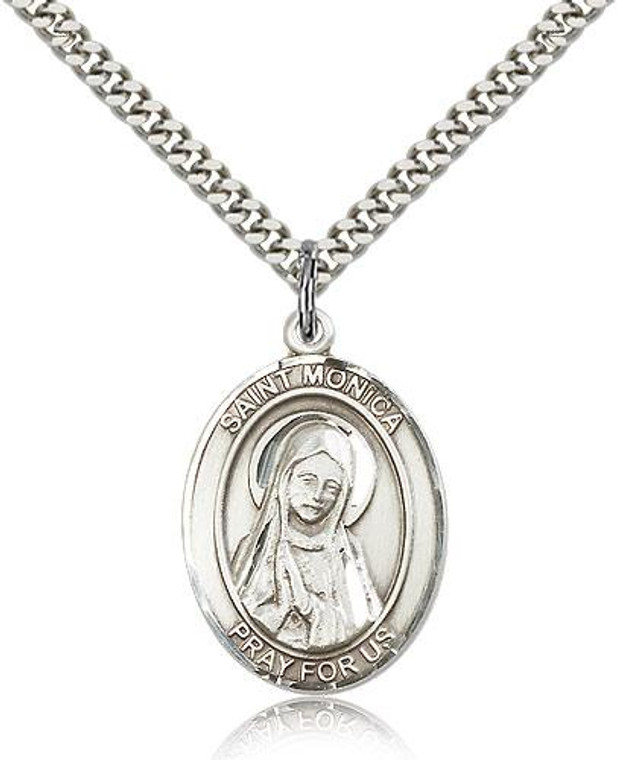 Sterling Silver St. Monica Pendant, Stainless Silver Heavy Curb Chain, Large Size Catholic Medal, 1" x 3/4"