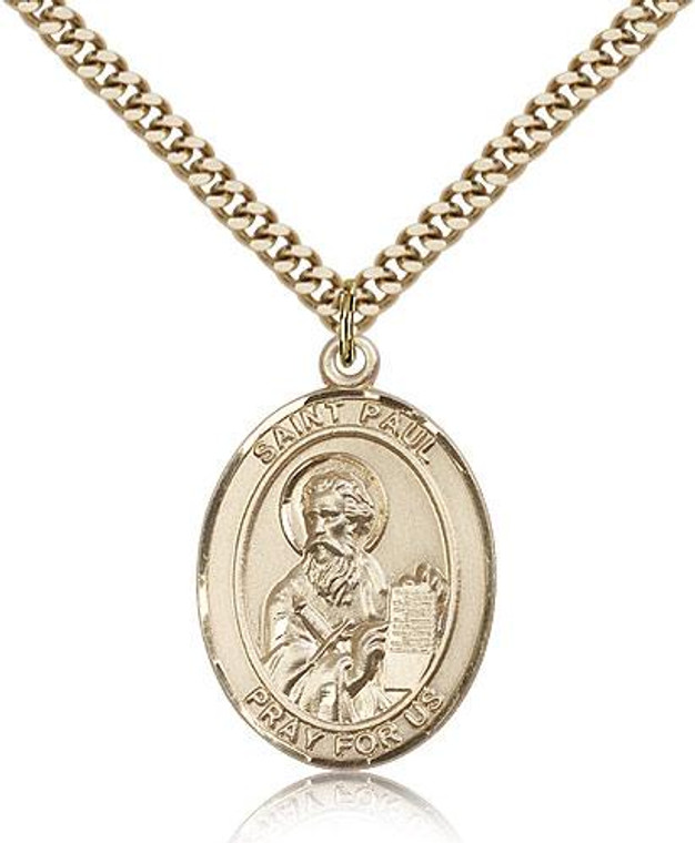 Gold Filled St. Paul the Apostle Pendant, Stainless Gold Heavy Curb Chain, Large Size Catholic Medal, 1" x 3/4"