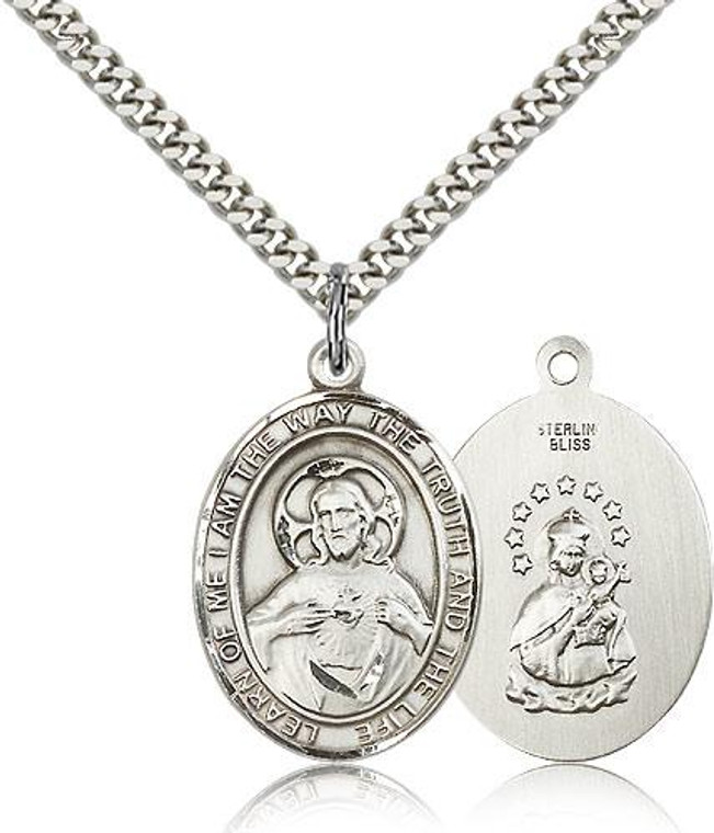 Sterling Silver Scapular Pendant, Stainless Silver Heavy Curb Chain, Large Size Catholic Medal, 1" x 3/4"