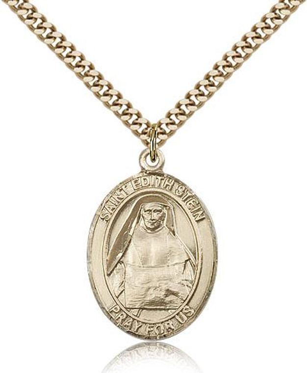Gold Filled St. Edith Stein Pendant, Stainless Gold Heavy Curb Chain, Large Size Catholic Medal, 1" x 3/4"