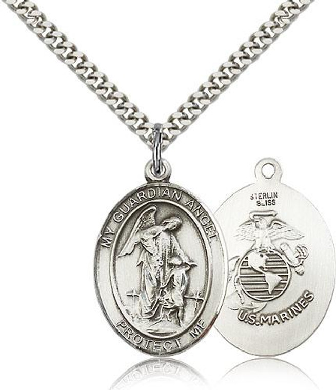 Sterling Silver Guardian Angel Pendant, Stainless Silver Heavy Curb Chain, Large Size Catholic Medal, 1" x 3/4"