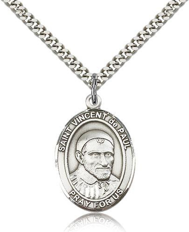 Sterling Silver St. Vincent de Paul Pendant, Stainless Silver Heavy Curb Chain, Large Size Catholic Medal, 1" x 3/4"