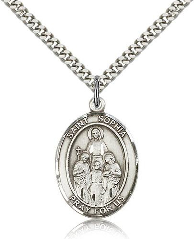 Sterling Silver St. Sophia Pendant, Stainless Silver Heavy Curb Chain, Large Size Catholic Medal, 1" x 3/4"