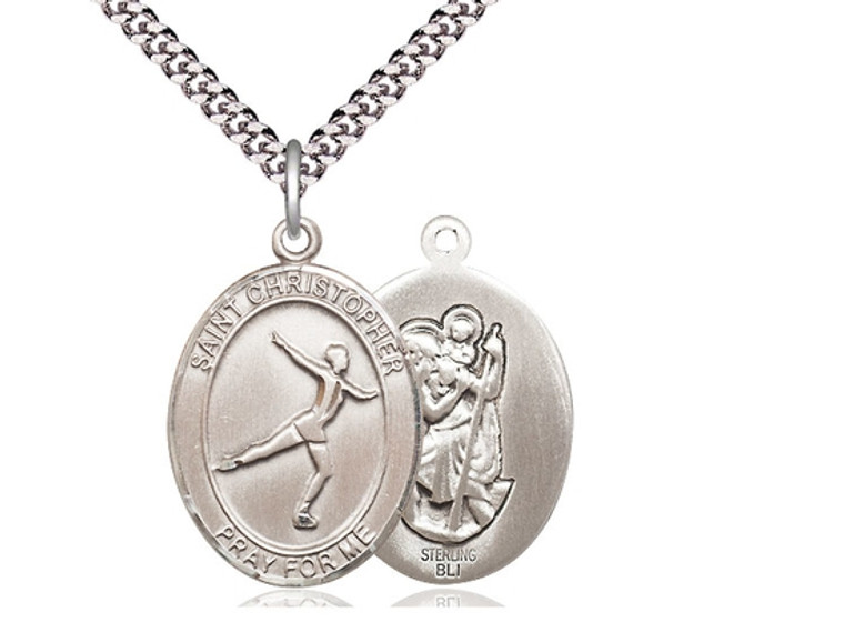 Sterling Silver St. Christopher Figure Skating Pendant, Rhodium  Heavy Curb Chain, Large Size Catholic Medal, 1" x 3/4"