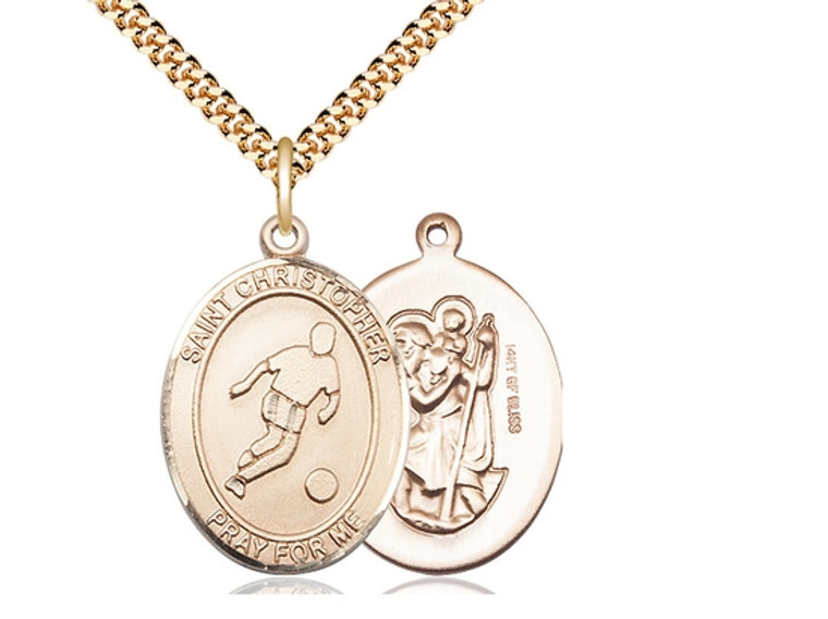 Gold Filled St. Christopher Pendant, Heavy Curb Chain, Large Size Catholic Medal, 1" x 3/4"