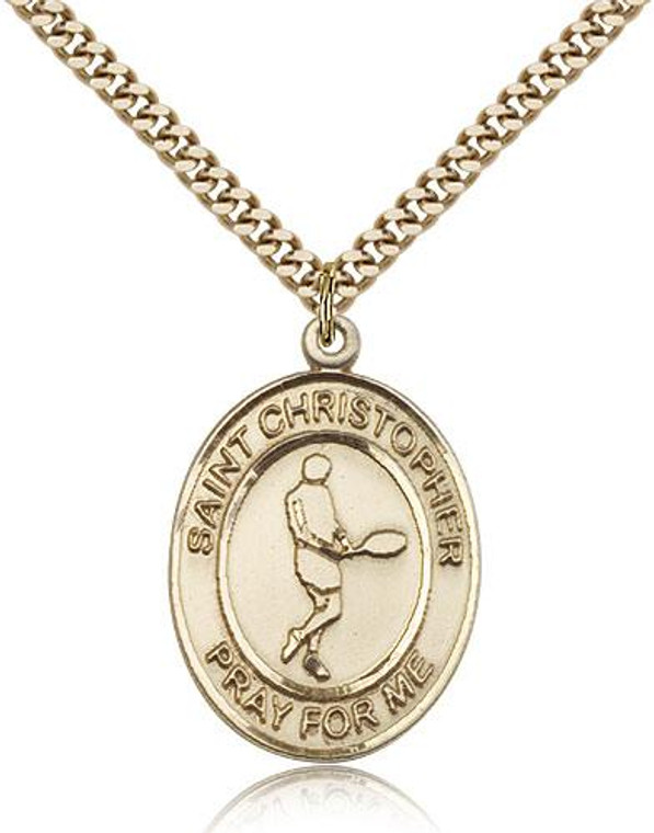 Gold Filled St. Christopher Pendant, Stainless Gold Heavy Curb Chain, Large Size Catholic Medal, 1" x 3/4"