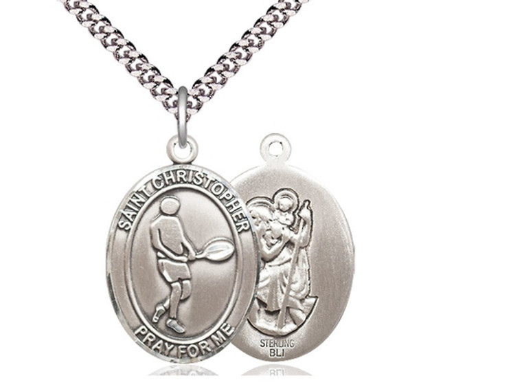 Sterling Silver St. Christopher Tennis Pendant, Stainless Silver Heavy Curb Chain, Large Size Catholic Medal, 1" x 3/4"