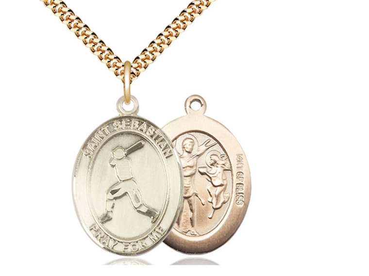 Gold Filled St. Sebastian Baseball Pendant, SG Heavy Curb Chain, Large Size Catholic Medal, 1" x 3/4"