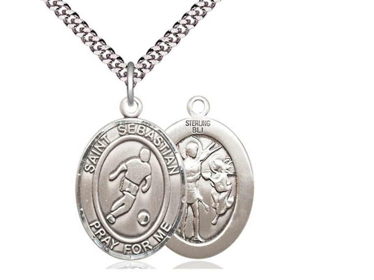 Sterling Silver St. Sebastian Soccer Pendant, Stainless Silver Heavy Curb Chain, Large Size Catholic Medal, 1" x 3/4"