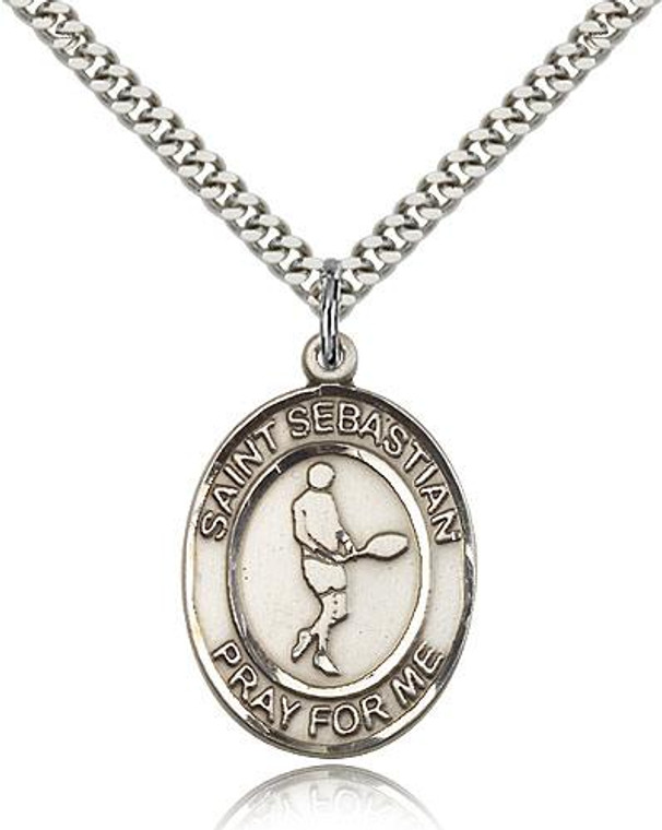 Sterling Silver St. Sebastian Tennis Pendant, Stainless Silver Heavy Curb Chain, Large Size Catholic Medal, 1" x 3/4"