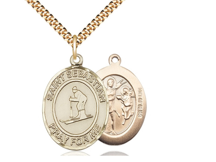 Gold Filled St. Sebastian/Skiing Pendant, Heavy Curb Chain, Large Size Catholic Medal, 1" x 3/4"