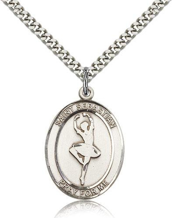 Sterling Silver St. Sebastian  Dance Pendant, Stainless Silver Heavy Curb Chain, Large Size Catholic Medal, 1" x 3/4"