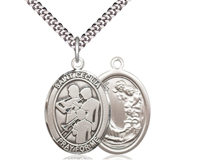 Sterling Silver St. Cecilia / Marching Band Pendant, Heavy Curb Chain, Large Size Catholic Medal, 1" x 3/4"