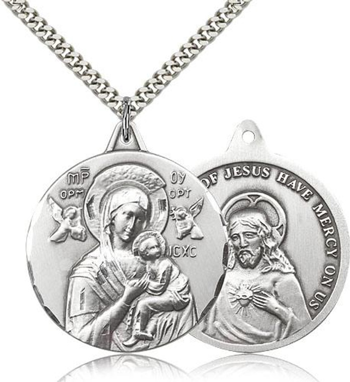 Sterling Silver Our Lady of Perpetual Help Pendant, Stainless Silver Heavy Curb Chain, 1 3/8" x 1 1/4"