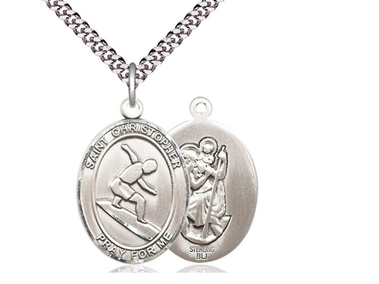 Sterling Silver St. Christopher Pendant, Heavy Curb Chain, Large Size Catholic Medal, 1" x 3/4"