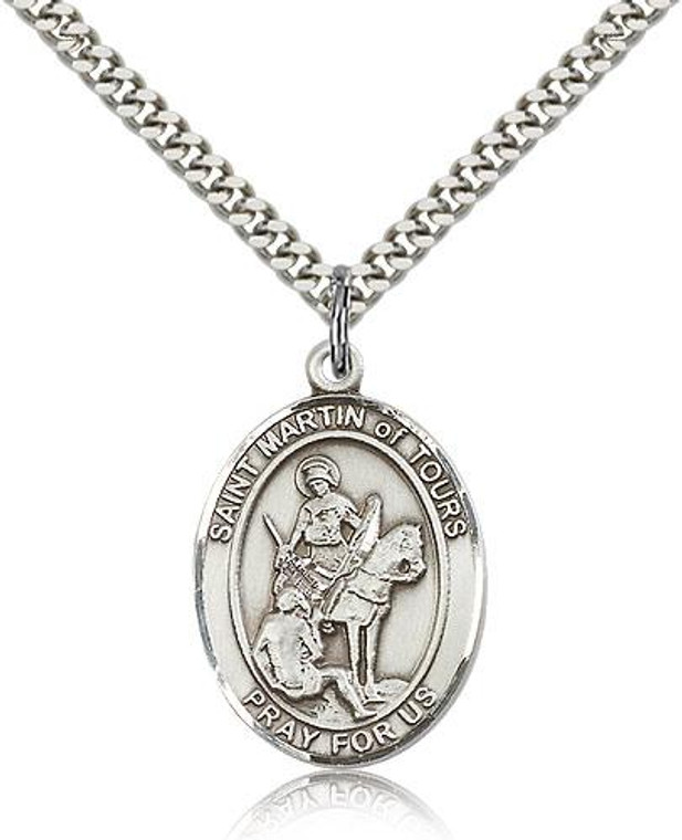 Sterling Silver St. Martin of Tours Pendant, Stainless Silver Heavy Curb Chain, Large Size Catholic Medal, 1" x 3/4"