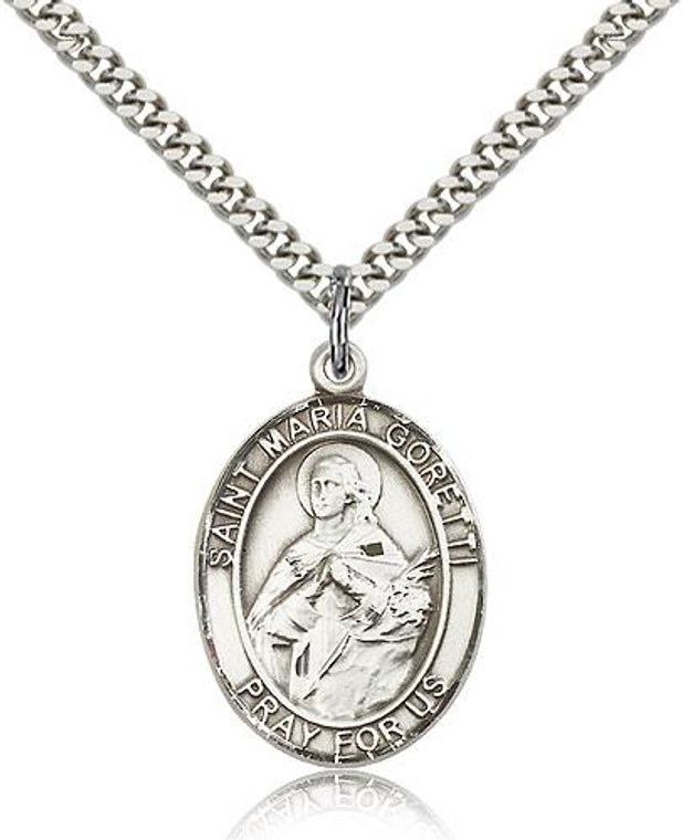 Sterling Silver St. Maria Goretti Pendant, Stainless Silver Heavy Curb Chain, Large Size Catholic Medal, 1" x 3/4"