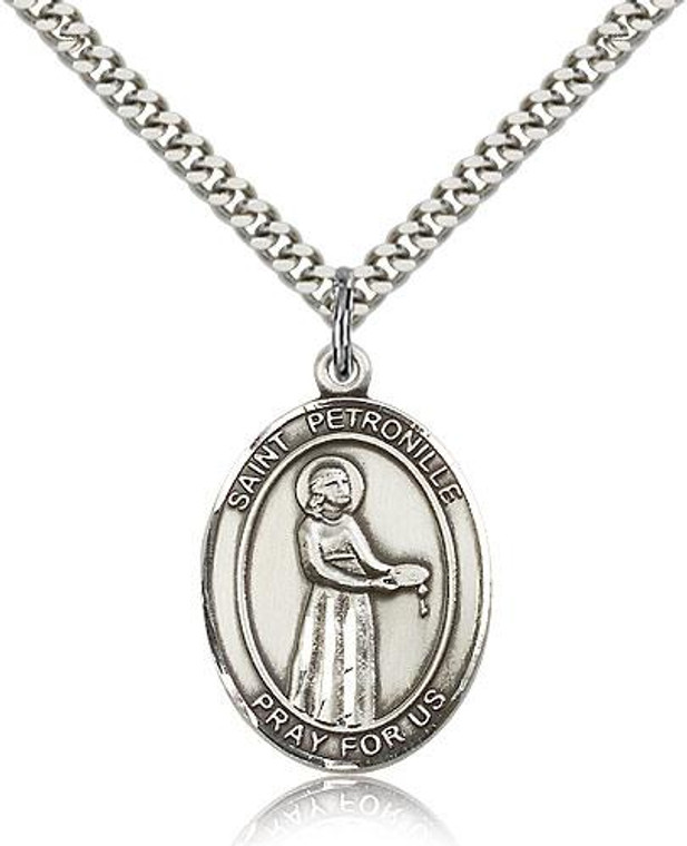 Sterling Silver St. Petronille Pendant, Stainless Silver Heavy Curb Chain, Large Size Catholic Medal, 1" x 3/4"