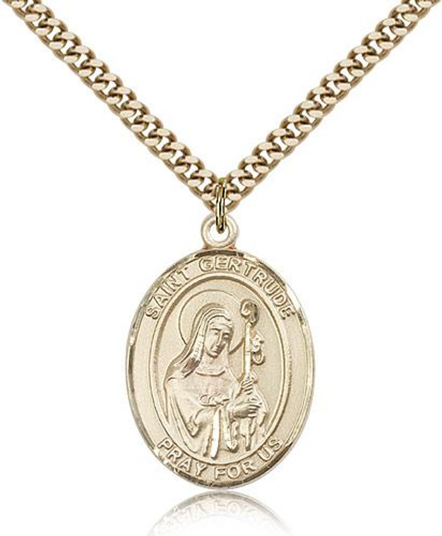 Gold Filled St. Gertrude of Nivelles Pendant, Stainless Gold Heavy Curb Chain, Large Size Catholic Medal, 1" x 3/4"