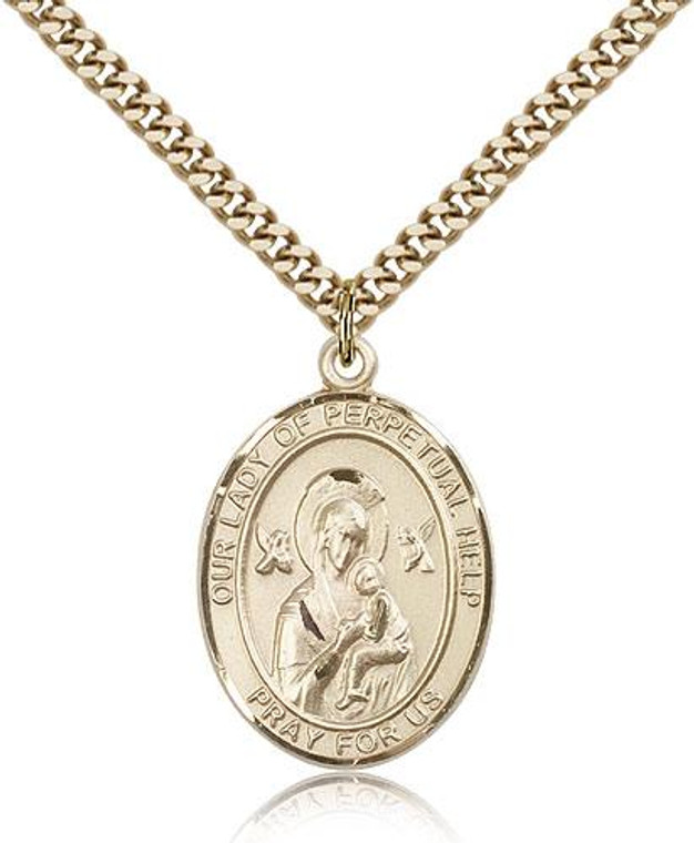 Gold Filled Our Lady of Perpetual Help Pendant, Stainless Gold Heavy Curb Chain, Large Size Catholic Medal, 1" x 3/4"