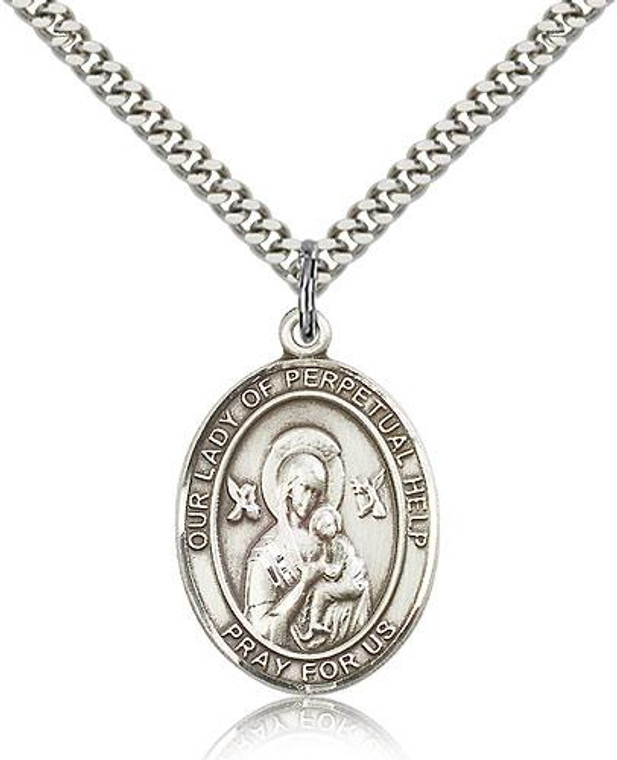 Sterling Silver Our Lady of Perpetual Help Pendant, Stainless Silver Heavy Curb Chain, Large Size Catholic Medal, 1" x 3/4"