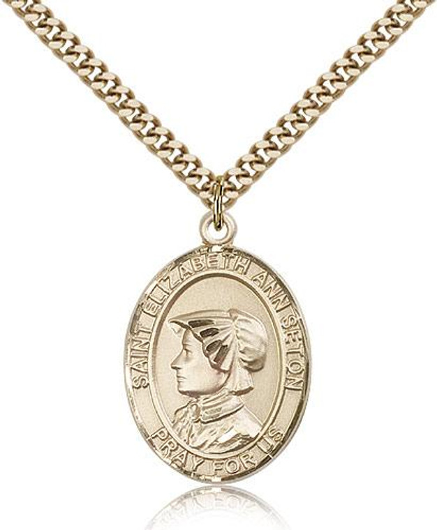 Gold Filled St. Elizabeth Ann Seton Pendant, Stainless Gold Heavy Curb Chain, Large Size Catholic Medal, 1" x 3/4"