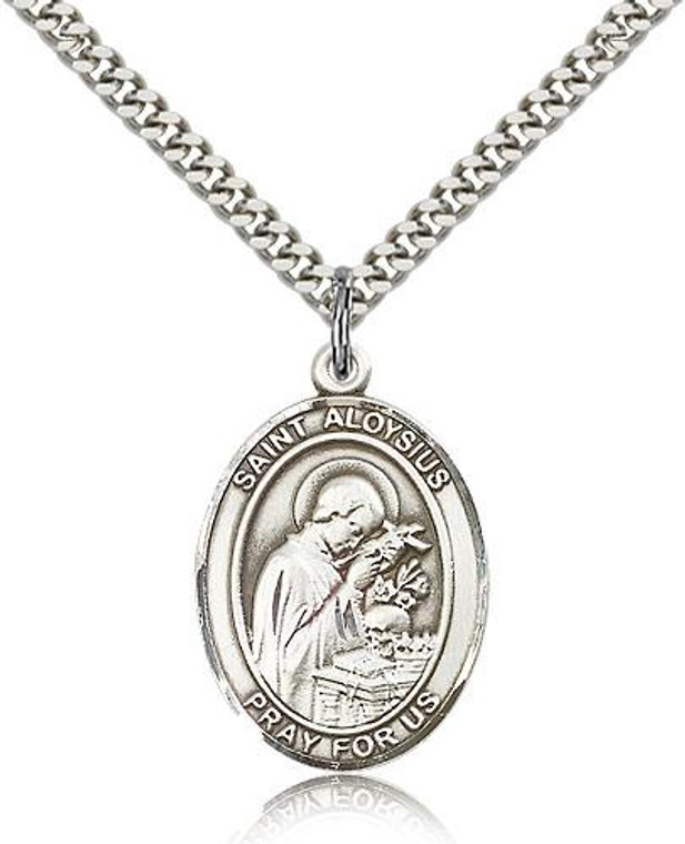 Sterling Silver St. Aloysius Gonzaga Pendant, Stainless Silver Heavy Curb Chain, Large Size Catholic Medal, 1" x 3/4"