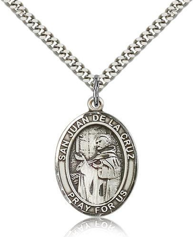 Sterling Silver San Juan de La Cruz Pendant, Stainless Silver Heavy Curb Chain, Large Size Catholic Medal, 1" x 3/4"