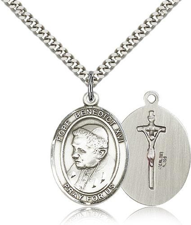 Sterling Silver Pope Benedict XVI Pendant, Stainless Silver Heavy Curb Chain, Large Size Catholic Medal, 1" x 3/4"