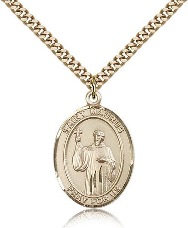 Gold Filled St. Maurus Pendant, Stainless Gold Heavy Curb Chain, Large Size Catholic Medal, 1" x 3/4"