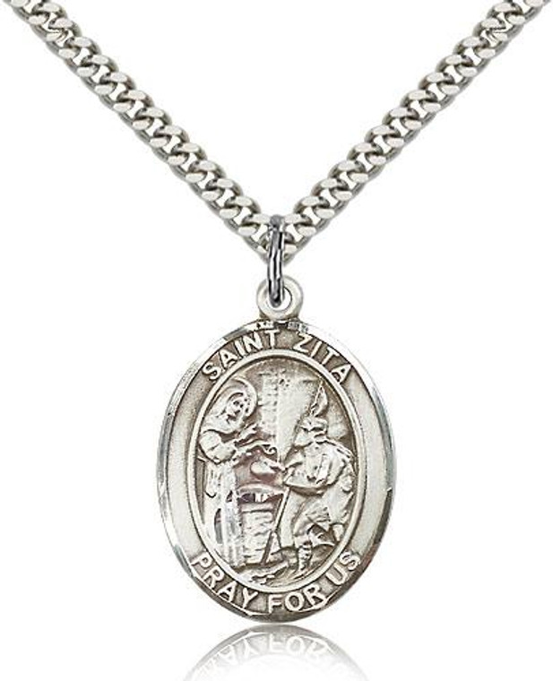 Sterling Silver St. Zita Pendant, Stainless Silver Heavy Curb Chain, Large Size Catholic Medal, 1" x 3/4"