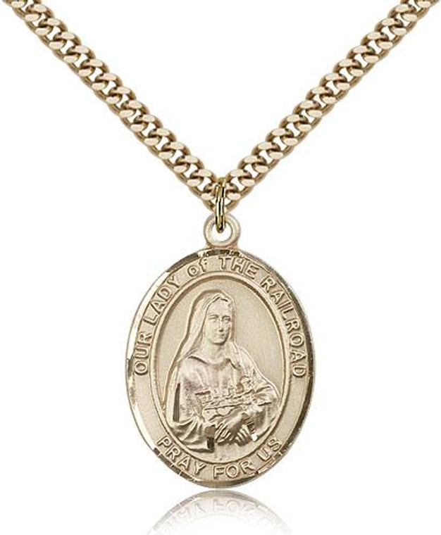 Gold Filled Our Lady of the Railroad Pendant, Stainless Gold Heavy Curb Chain, Large Size Catholic Medal, 1" x 3/4"