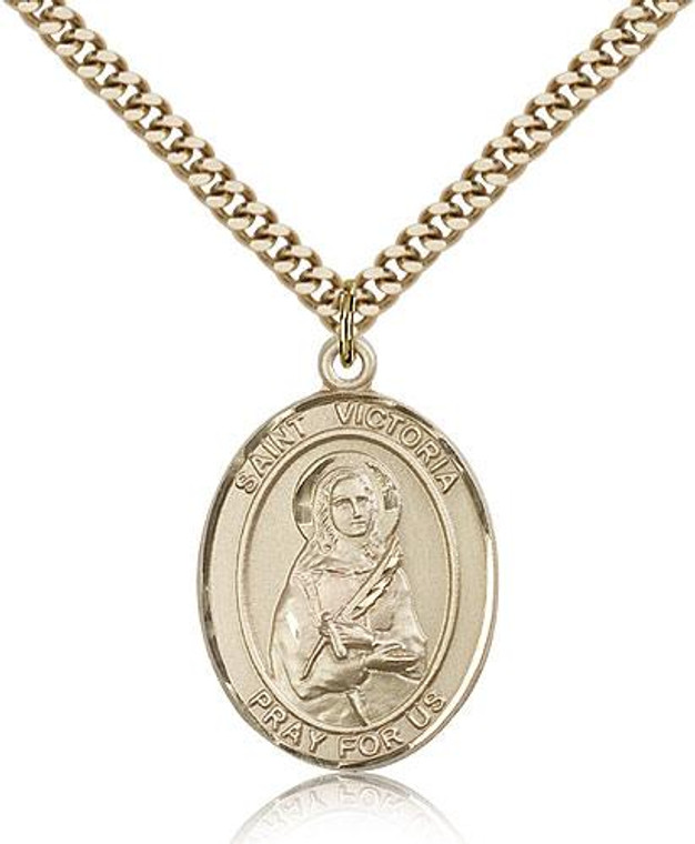 Gold Filled St. Victoria Pendant, Stainless Gold Heavy Curb Chain, Large Size Catholic Medal, 1" x 3/4"