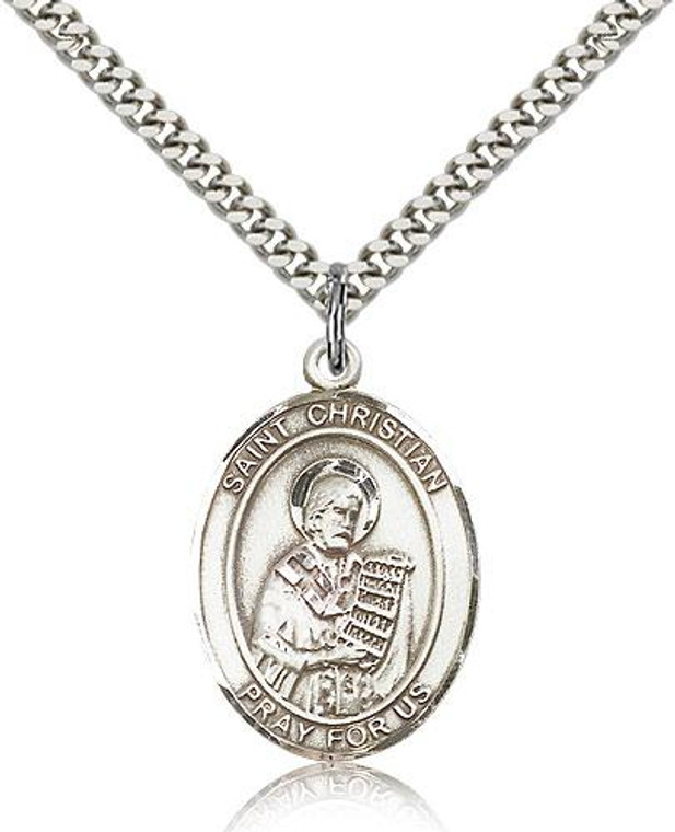 Sterling Silver St. Christian Demosthenes Pendant, Stainless Silver Heavy Curb Chain, Large Size Catholic Medal, 1" x 3/4"