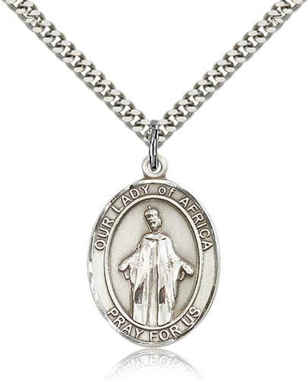 Sterling Silver Our Lady of Africa Pendant, Stainless Silver Heavy Curb Chain, Large Size Catholic Medal, 1" x 3/4"