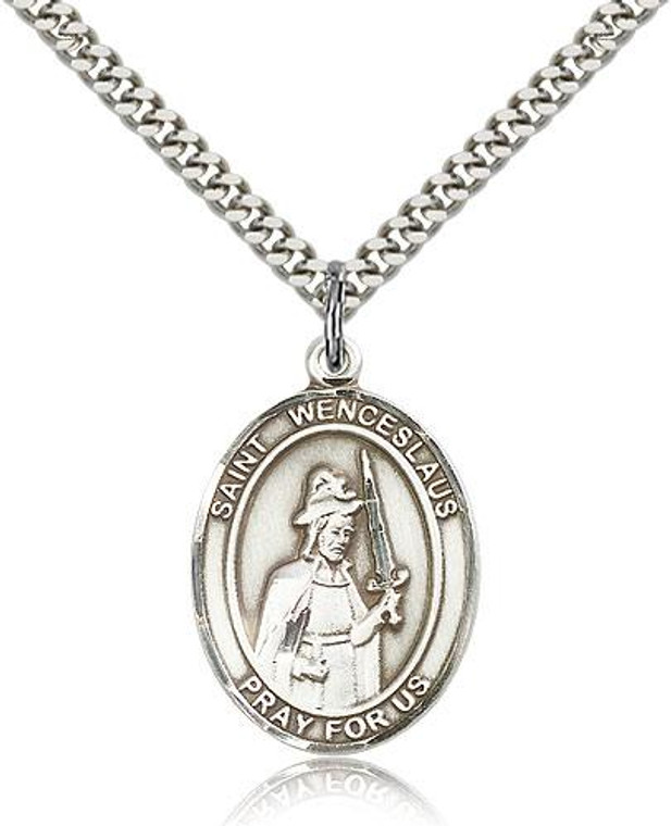 Sterling Silver St. Wenceslaus Pendant, Stainless Silver Heavy Curb Chain, Large Size Catholic Medal, 1" x 3/4"